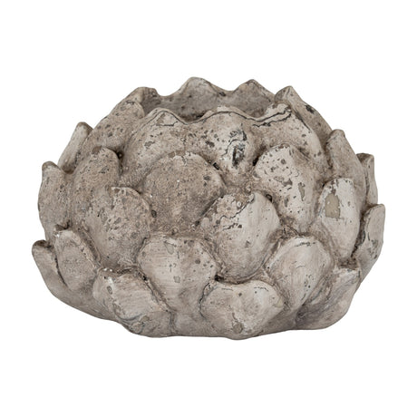 Hill Interiors Stone Effect Acorn Tea Light Holder in beige ceramic with layered petal texture and matte weathered finish, shown on a plain white background.
