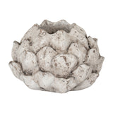 Hill Interiors large stone effect acorn tea light holder in matt beige ceramic with textured layered scales, shown on a plain white background.