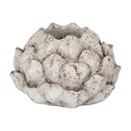 Hill Interiors large stone effect acorn tea light holder in matt beige ceramic with textured layered scales, shown on a plain white background.