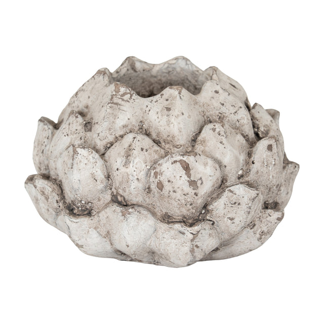 Hill Interiors large stone effect acorn tea light holder in matt beige ceramic with textured layered scales, shown on a plain white background.