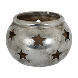 Hill Interiors Small Star Tea Light Lantern in silver ceramic with a rounded body and pierced star cut-outs, shown on a plain white background.
