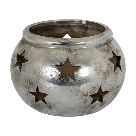 Hill Interiors Small Star Tea Light Lantern in silver ceramic with a rounded body and pierced star cut-outs, shown on a plain white background.