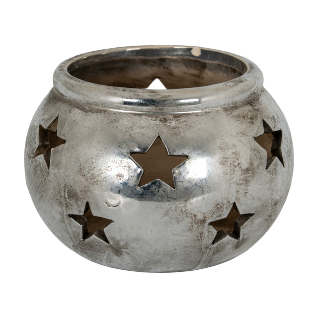 Hill Interiors Small Star Tea Light Lantern in silver ceramic with a rounded body and pierced star cut-outs, shown on a plain white background.