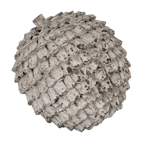 Hill Interiors Decorative Large Ceramic Sphere in white with a textured, scaled surface resembling a pinecone, shown against a plain white background.