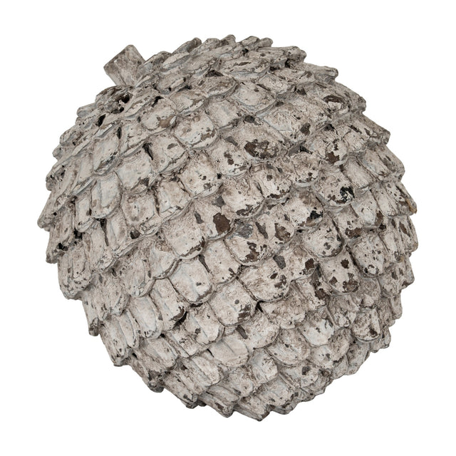 Hill Interiors Decorative Large Ceramic Sphere in white with a textured, scaled surface resembling a pinecone, shown against a plain white background.