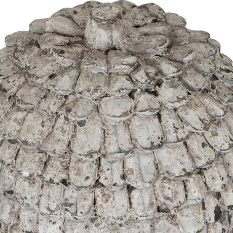 Close-up of Hill Interiors Decorative Large Ceramic Sphere in white, showing textured layered scale-like detailing with a weathered pale glazed finish.