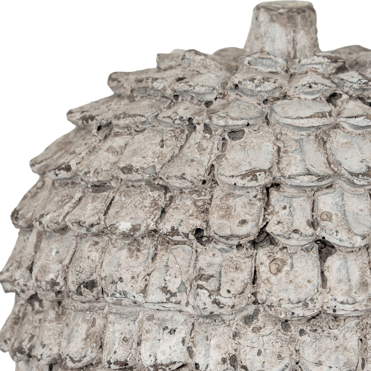 Close-up of Hill Interiors Decorative Large Ceramic Sphere in white, showing textured layered scale-like detailing and a small stem on top.