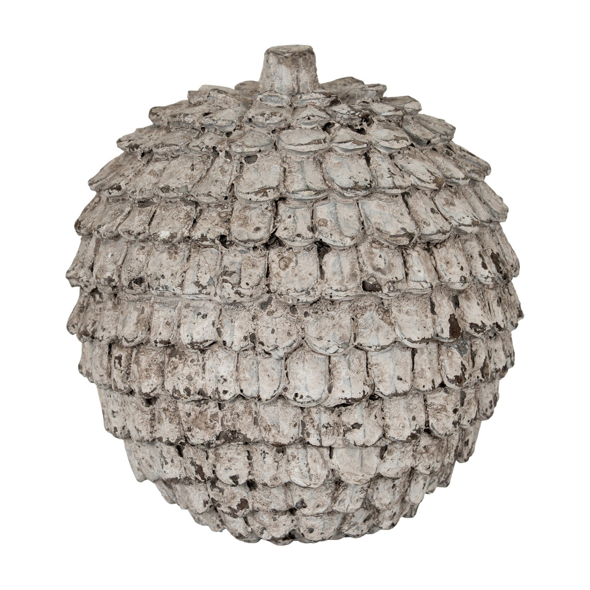 Hill Interiors decorative large ceramic sphere in a distressed white glaze with layered scale-like textured surface and small top stem, on a plain background.
