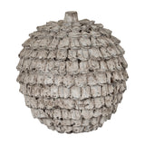 Hill Interiors decorative large ceramic sphere in a distressed white glaze with layered scale-like textured surface and small top stem, on a plain background.