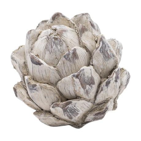 Hill Interiors small decorative artichoke ornament in white resin with layered sculpted petals and subtle grey shading, shown on a plain white background.