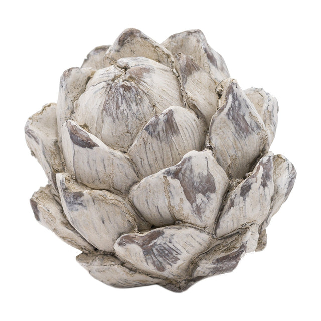 Hill Interiors small decorative artichoke ornament in white resin with layered sculpted petals and subtle grey shading, shown on a plain white background.