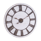 Hill Interiors rustic wooden wall clock with a whitewashed weathered face, aged brass Roman numerals and hands, shown on a plain background.
