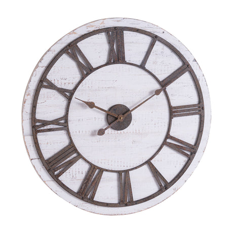 Hill Interiors rustic wooden wall clock with a whitewashed weathered face, aged brass Roman numerals and hands, shown on a plain background.