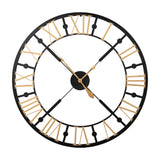 Hill Interiors Black and Gold Skeleton Metal Wall Clock 95cm with open face, Roman numerals, and slim gold hands on a plain white background.