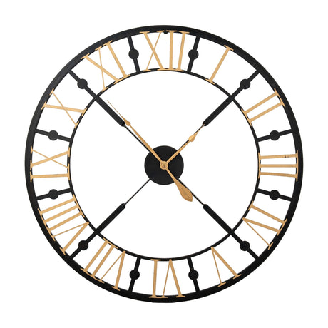 Hill Interiors Black and Gold Skeleton Metal Wall Clock 95cm with open face, Roman numerals, and slim gold hands on a plain white background.