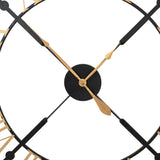 Close-up of Hill Interiors Black and Gold Skeleton Metal Wall Clock centre, showing slim gold hands on a black hub with exposed frame spokes.
