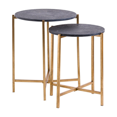 Hill Interiors set of two round nesting side tables with black marble-effect tops and gold-toned metal frames, shown on a plain white background.