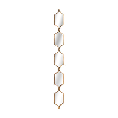 Hill Interiors Geometric Collage Wall Mirror in gold, a tall slim wall mirror with five stacked lantern-shaped glass panels in a metal frame.