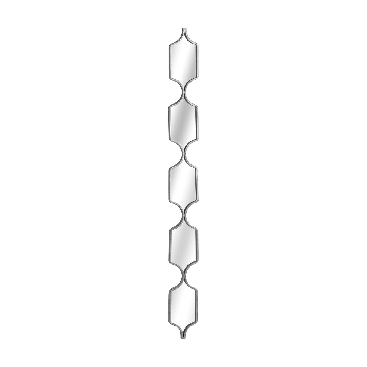 Hill Interiors square decorative hanging collage wall mirror with five vertically stacked silver metal panes on a plain white background.