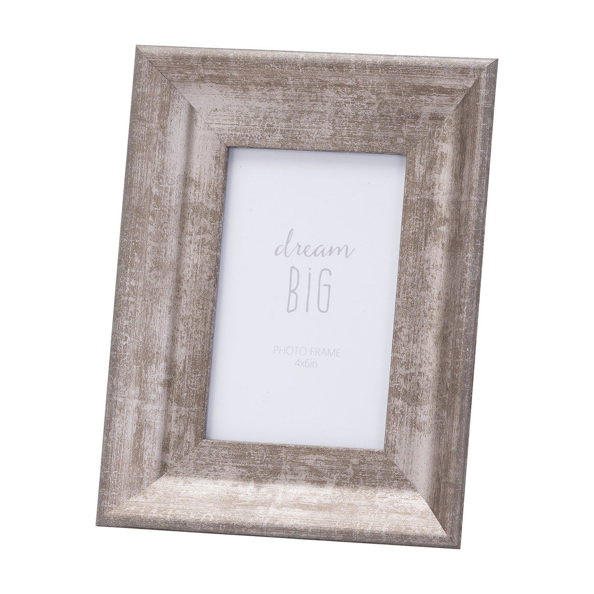 Hill Interiors Convex Matt Silver Photo Frame with a wooden base and softly rounded silver profile, holding a 4x6 portrait insert, on a white background.