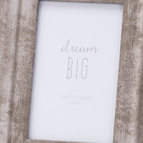 Hill Interiors Convex Matt Silver Photo Frame with wooden base and 4x6 aperture displaying a Dream Big insert, shown in close-up detail.