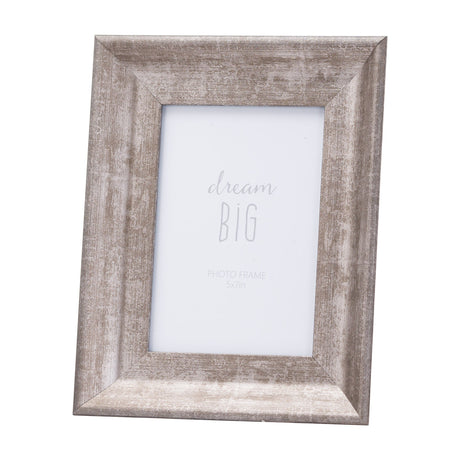 Hill Interiors Convex Matt Silver 5x7in photo frame with a wooden convex moulding and distressed silver finish, standing upright against a white background.