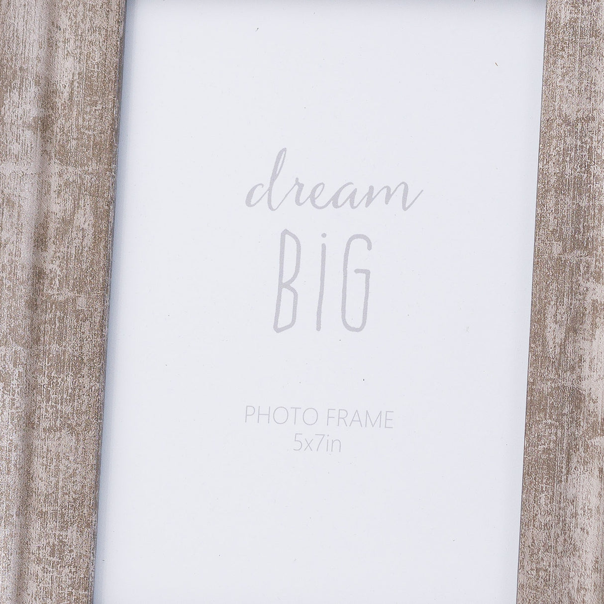 Close-up of the Hill Interiors Convex Matt Silver 5x7in photo frame, showing its wood body with weathered silver finish around a "dream big" insert.