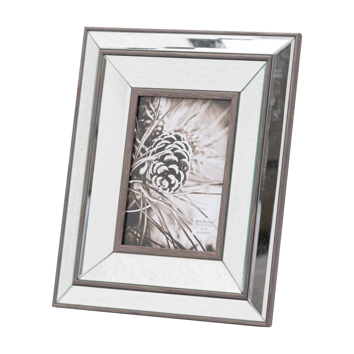 Hill Interiors 5x7in photo frame with a brown wooden surround and slim mirrored border, displaying a pinecone image, shown upright on a white background.