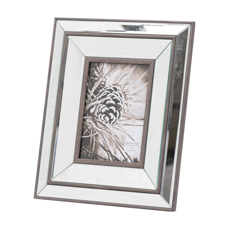 Hill Interiors 5x7in photo frame with a brown wooden surround and slim mirrored border, displaying a pinecone image, shown upright on a white background.
