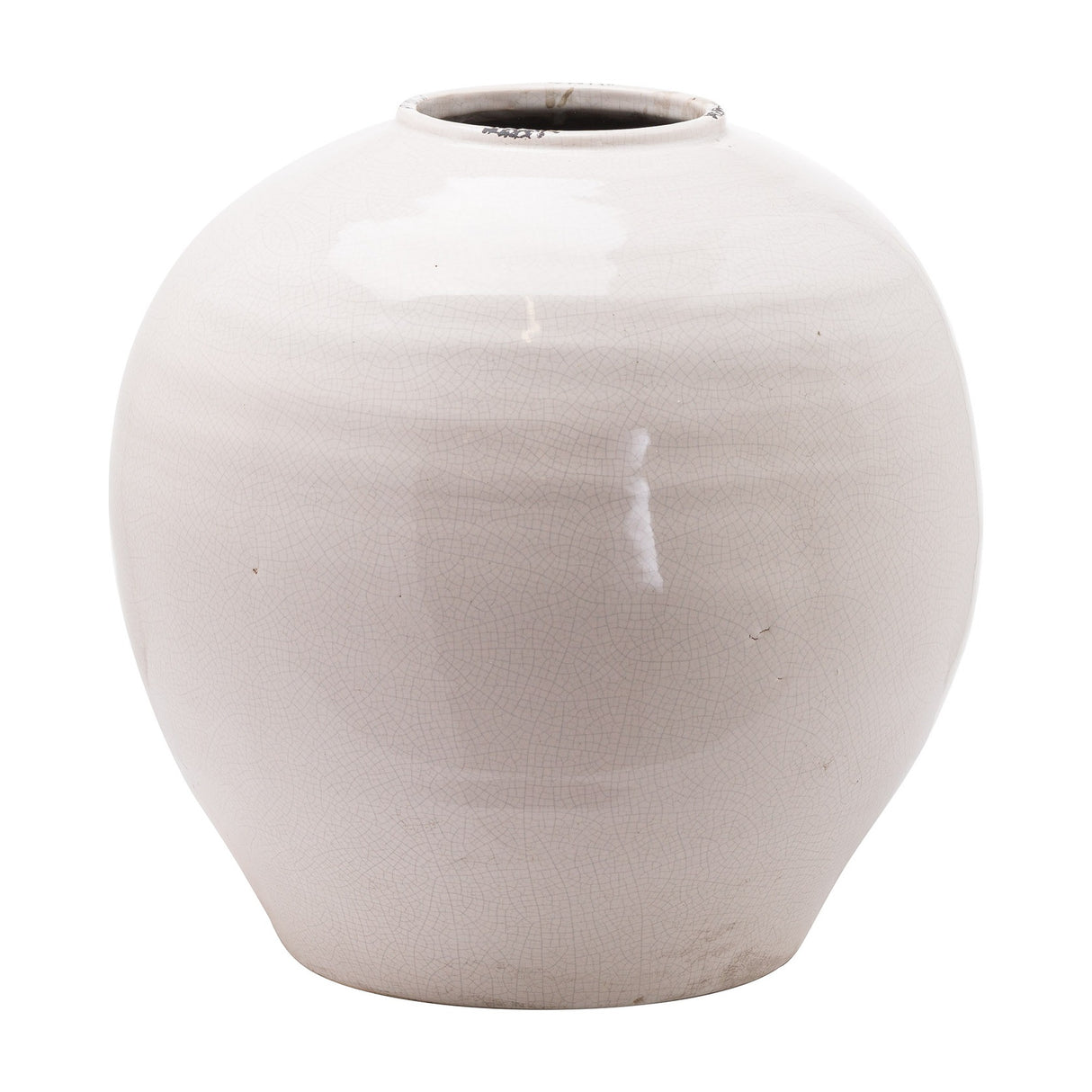 Hill Interiors Glazed Large Regola rounded ceramic vase in white with crackle glaze finish and narrow neck, shown on a plain white background.