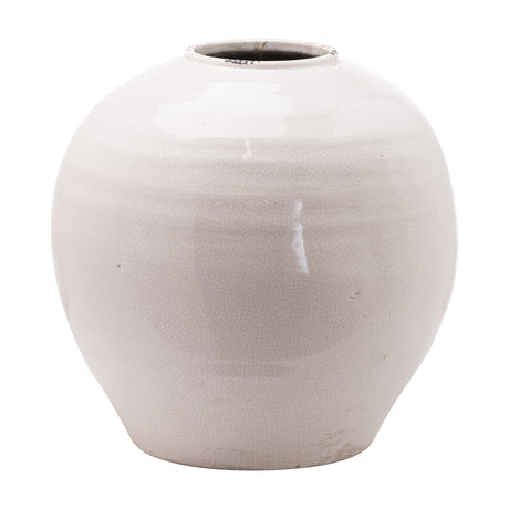 Hill Interiors Glazed Large Regola rounded ceramic vase in white with crackle glaze finish and narrow neck, shown on a plain white background.