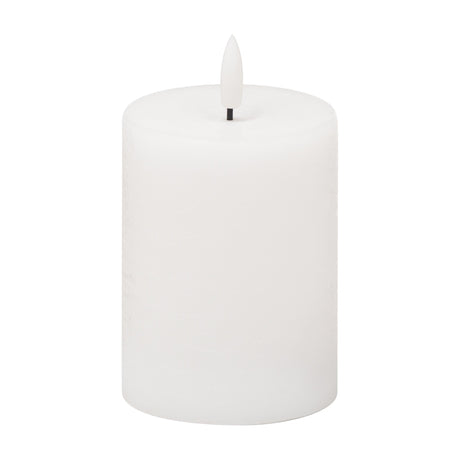 Hill Interiors Natural Glow LED white wax pillar candle with textured finish and moulded flame-shaped LED tip, shown on a plain white background.