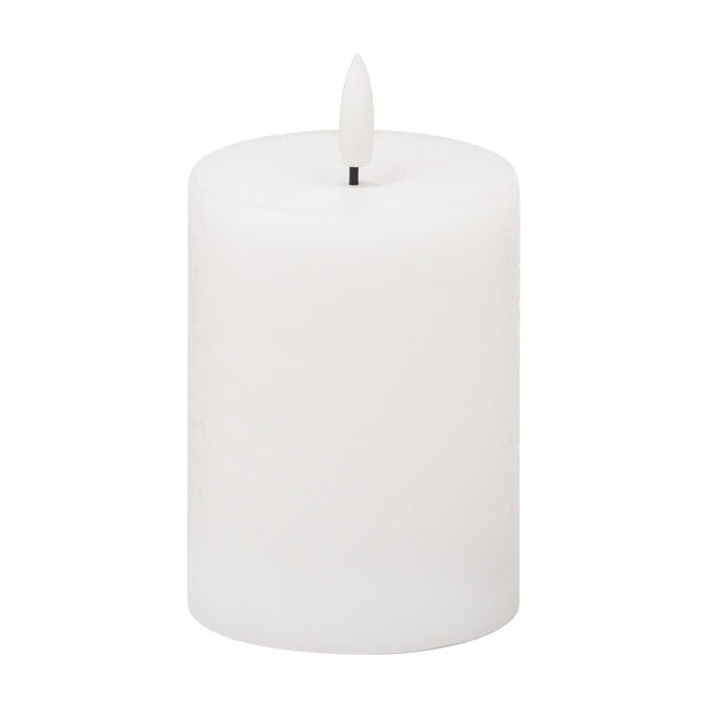 Hill Interiors Natural Glow LED white wax pillar candle with textured finish and moulded flame-shaped LED tip, shown on a plain white background.