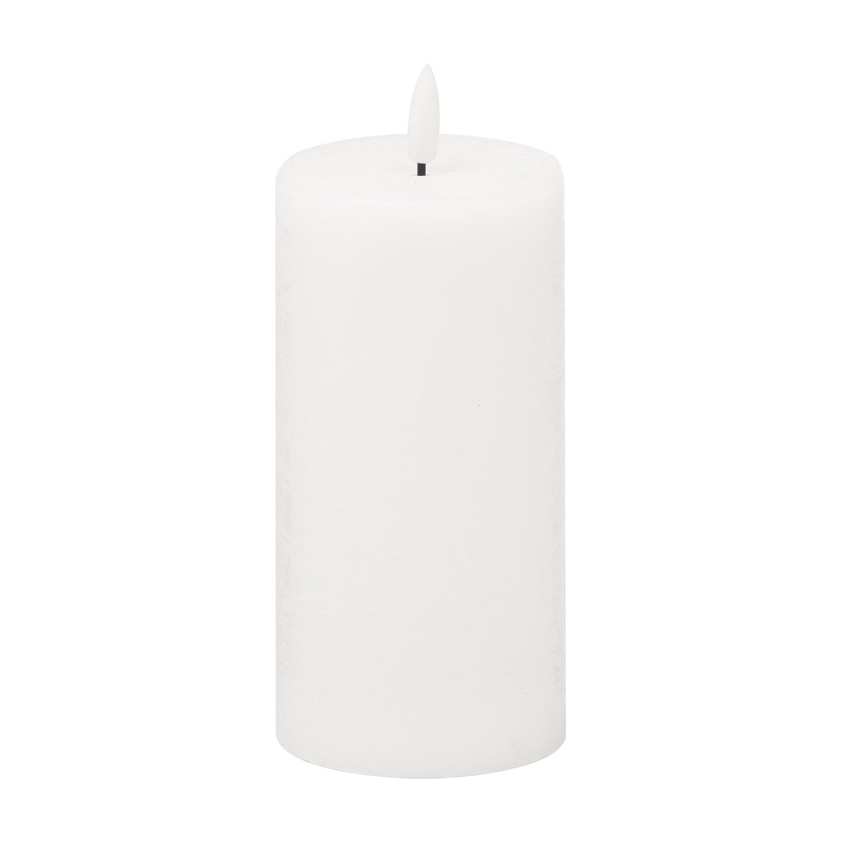 Hill Interiors Natural Glow LED wax pillar candle in beige, 15cm tall with a textured finish and flickering LED flame tip, shown on a plain white background.