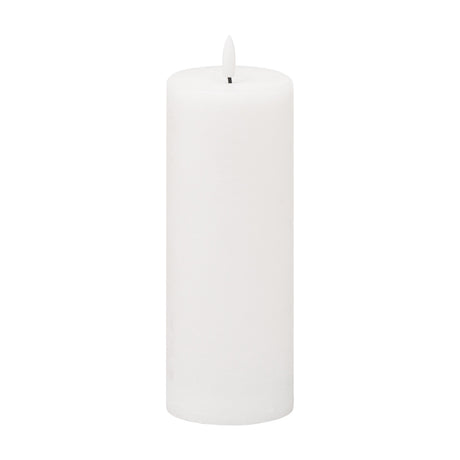 Hill Interiors Natural Glow LED pillar candle in beige wax-effect plastic with a flickering flame tip, shown against a plain white background.
