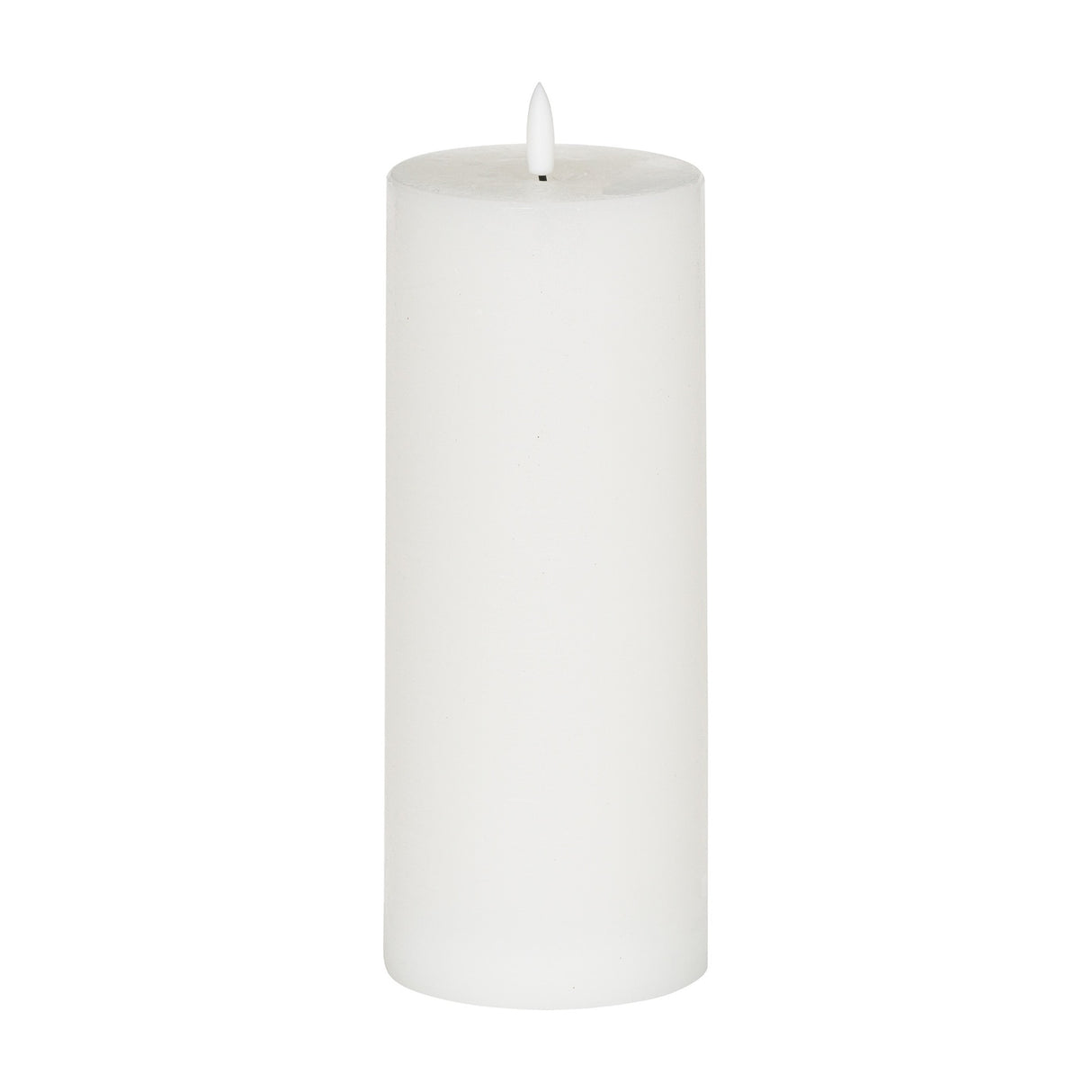 Hill Interiors Natural Glow LED wax pillar candle in beige with a flameless flickering tip, shown against a plain white background.