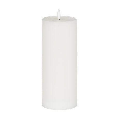 Hill Interiors Natural Glow LED wax pillar candle in beige with a flameless flickering tip, shown against a plain white background.