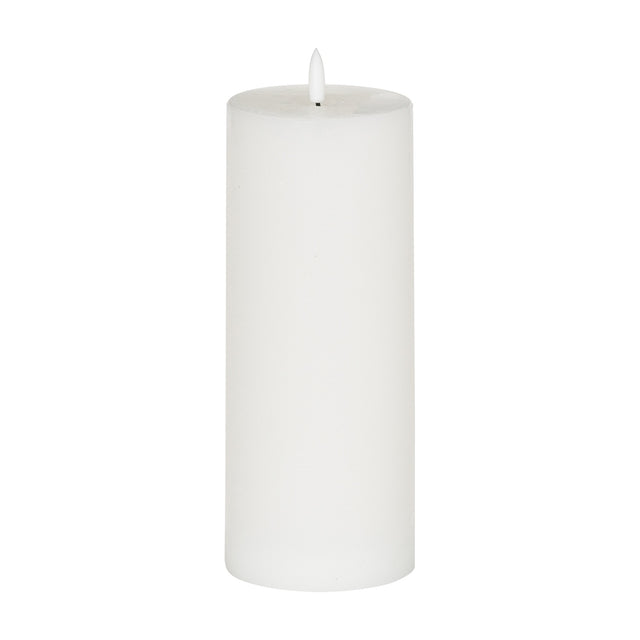 Hill Interiors Natural Glow LED wax pillar candle in beige with a flameless flickering tip, shown against a plain white background.