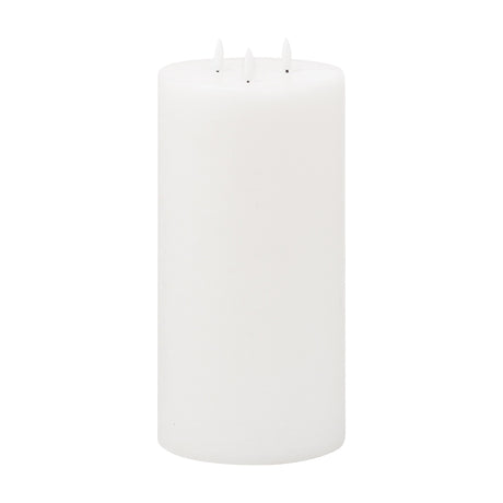 Hill Interiors Natural Glow 30cm LED wax pillar candle in beige with three flickering LED flames, shown on a plain white background.