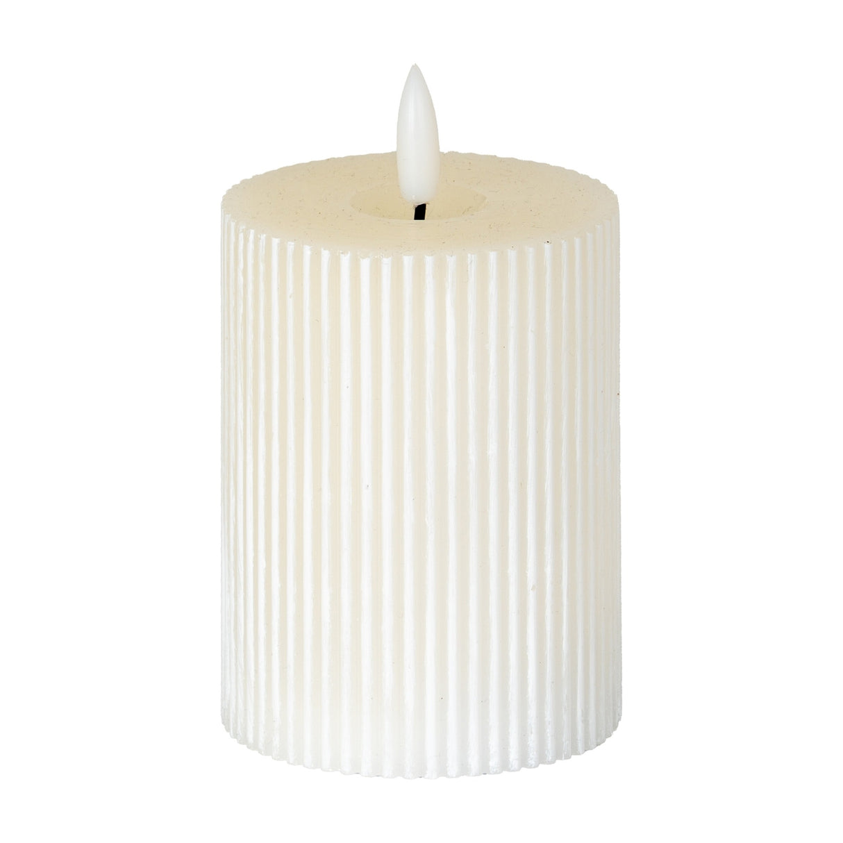 Hill Interiors Textured Ribbed LED Pillar Candle in beige with vertical ribbed plastic body and moulded flame tip, shown on a plain white background.
