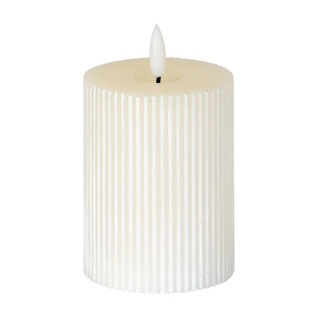 Hill Interiors Textured Ribbed LED Pillar Candle in beige with vertical ribbed plastic body and moulded flame tip, shown on a plain white background.