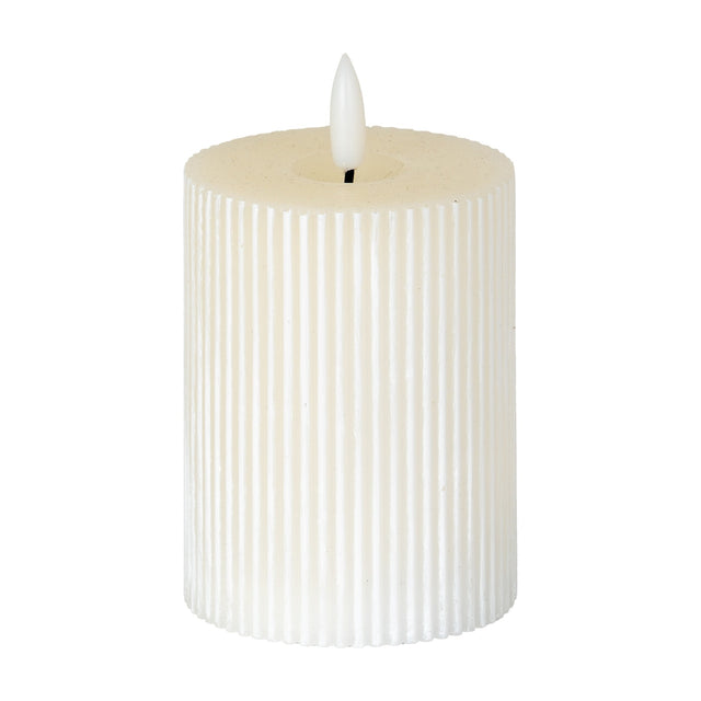 Hill Interiors Textured Ribbed LED Pillar Candle in beige with vertical ribbed plastic body and moulded flame tip, shown on a plain white background.