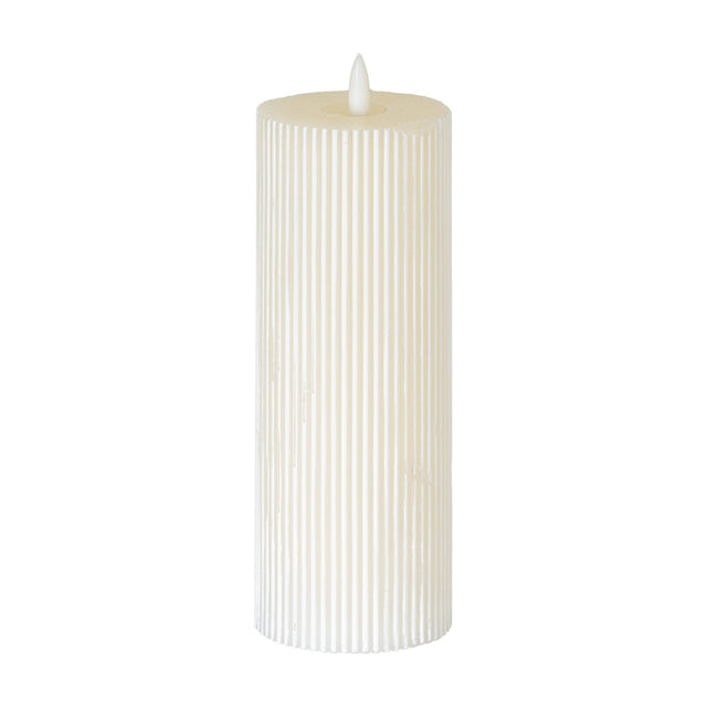 Hill Interiors Textured Ribbed LED Pillar Candle in beige plastic with a vertically ribbed body and moulded flame tip, shown on a plain white background.