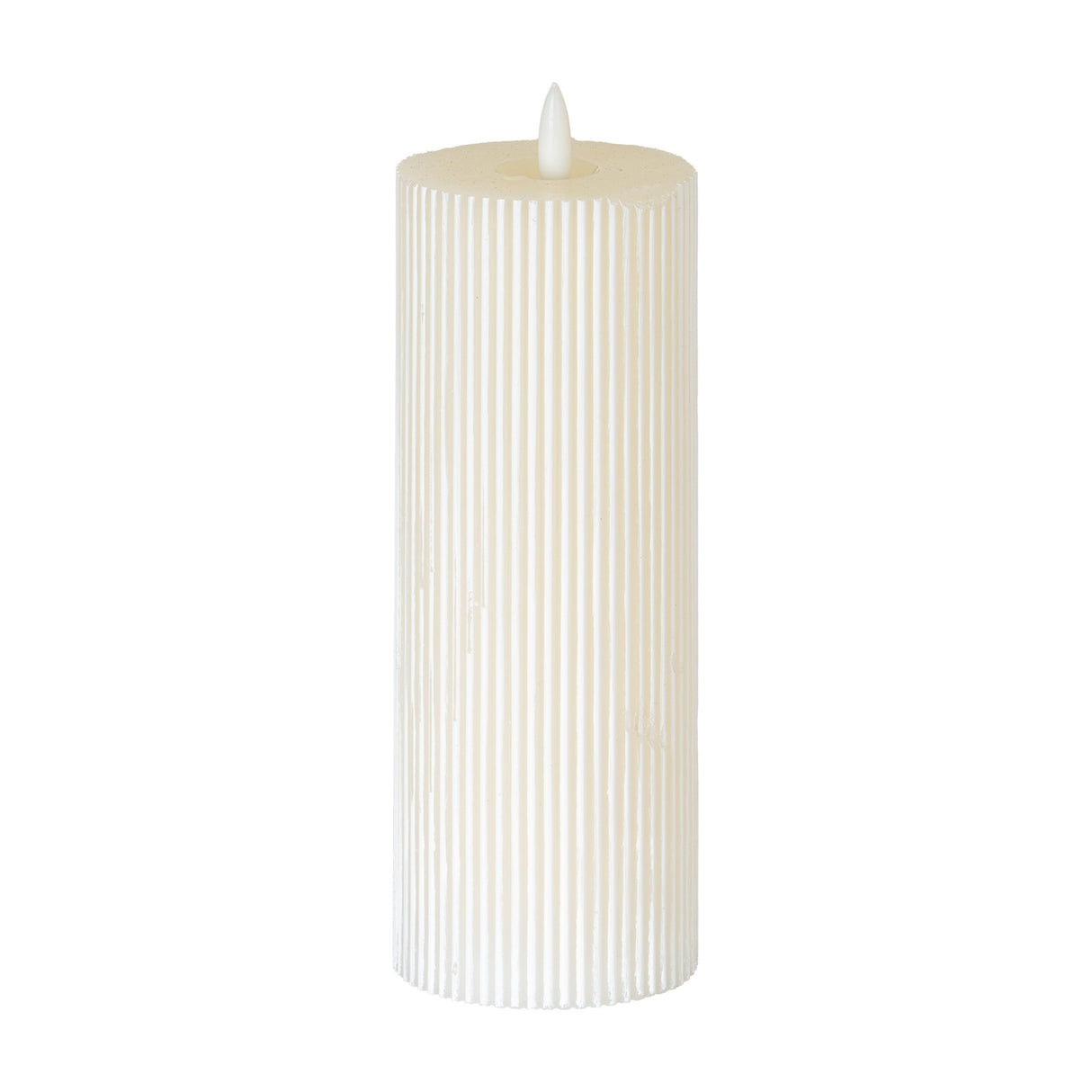 Hill Interiors Textured Ribbed LED Pillar Candle in beige with vertical fluted body and flickering LED flame tip, shown against a plain white background.