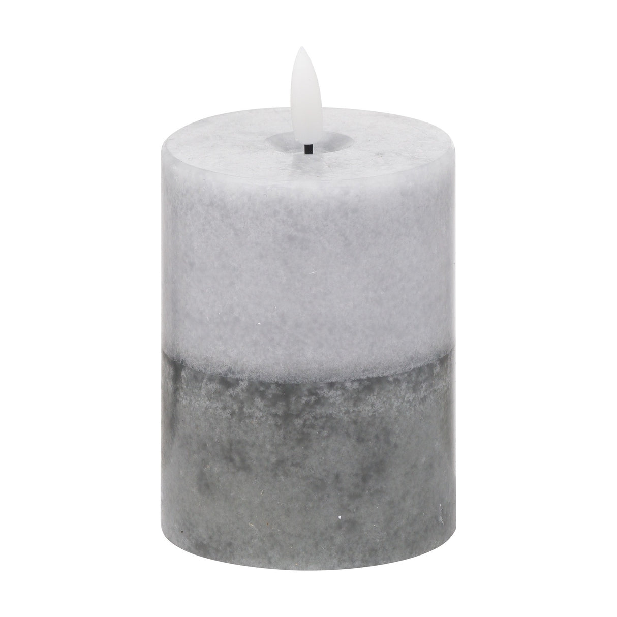 Hill Interiors Natural Glow Stone LED wax pillar candle in two-tone beige and grey with a flickering flameless tip, shown on a plain white background.