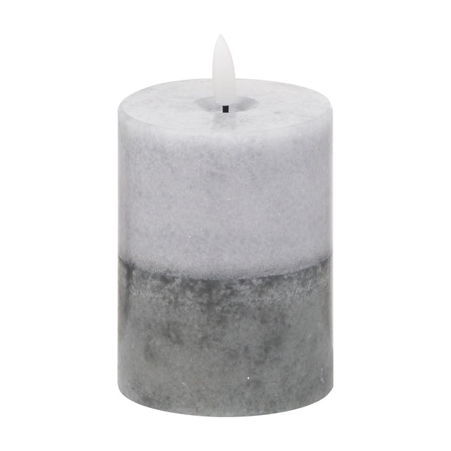 Hill Interiors Natural Glow Stone LED wax pillar candle in two-tone beige and grey with a flickering flameless tip, shown on a plain white background.