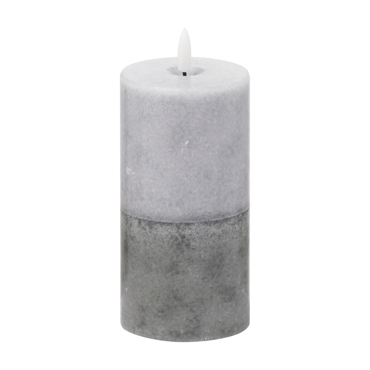 Hill Interiors Natural Glow Stone LED Pillar Candle in beige with a two-tone textured finish and flickering LED flame, shown on a plain white background.