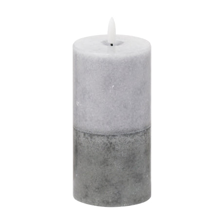 Hill Interiors Natural Glow Stone LED Pillar Candle in beige with a two-tone textured finish and flickering LED flame, shown on a plain white background.