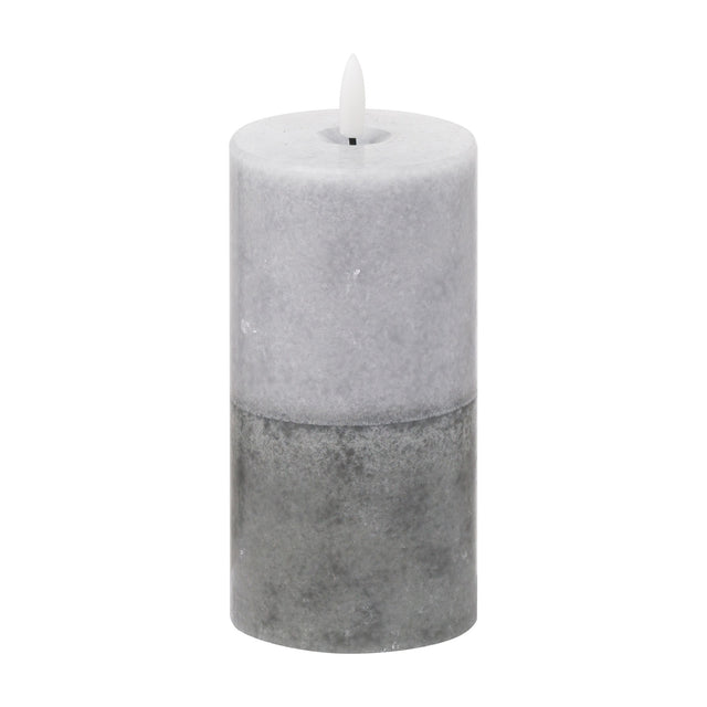 Hill Interiors Natural Glow Stone LED Pillar Candle in beige with a two-tone textured finish and flickering LED flame, shown on a plain white background.