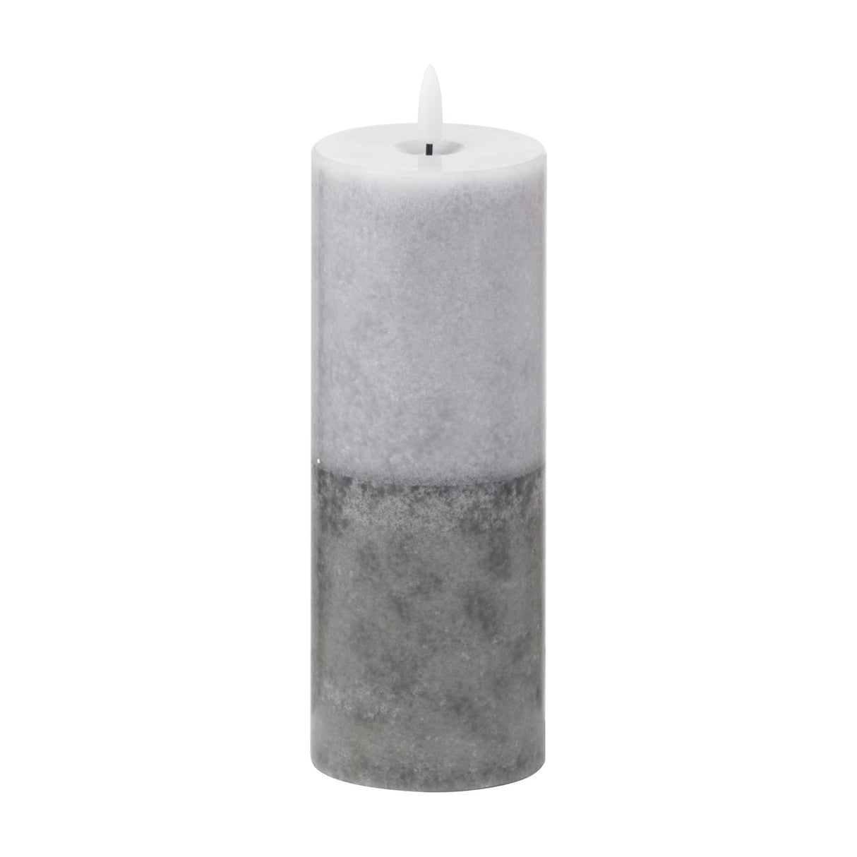 Hill Interiors Natural Glow Stone LED pillar candle in beige with a two-tone stone-effect finish and moulded flame tip, shown on a plain white background.